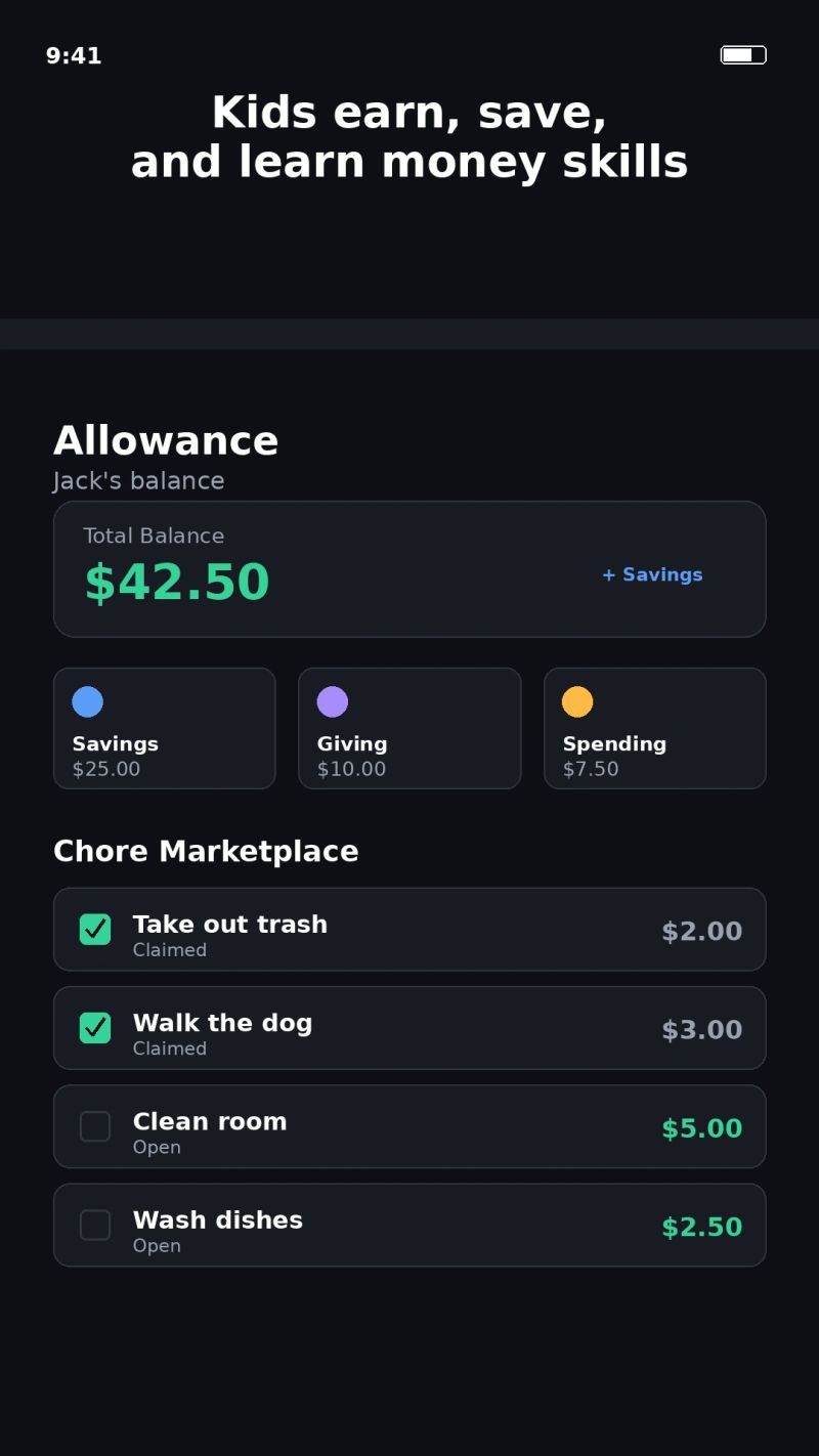 The chores and allowance screen